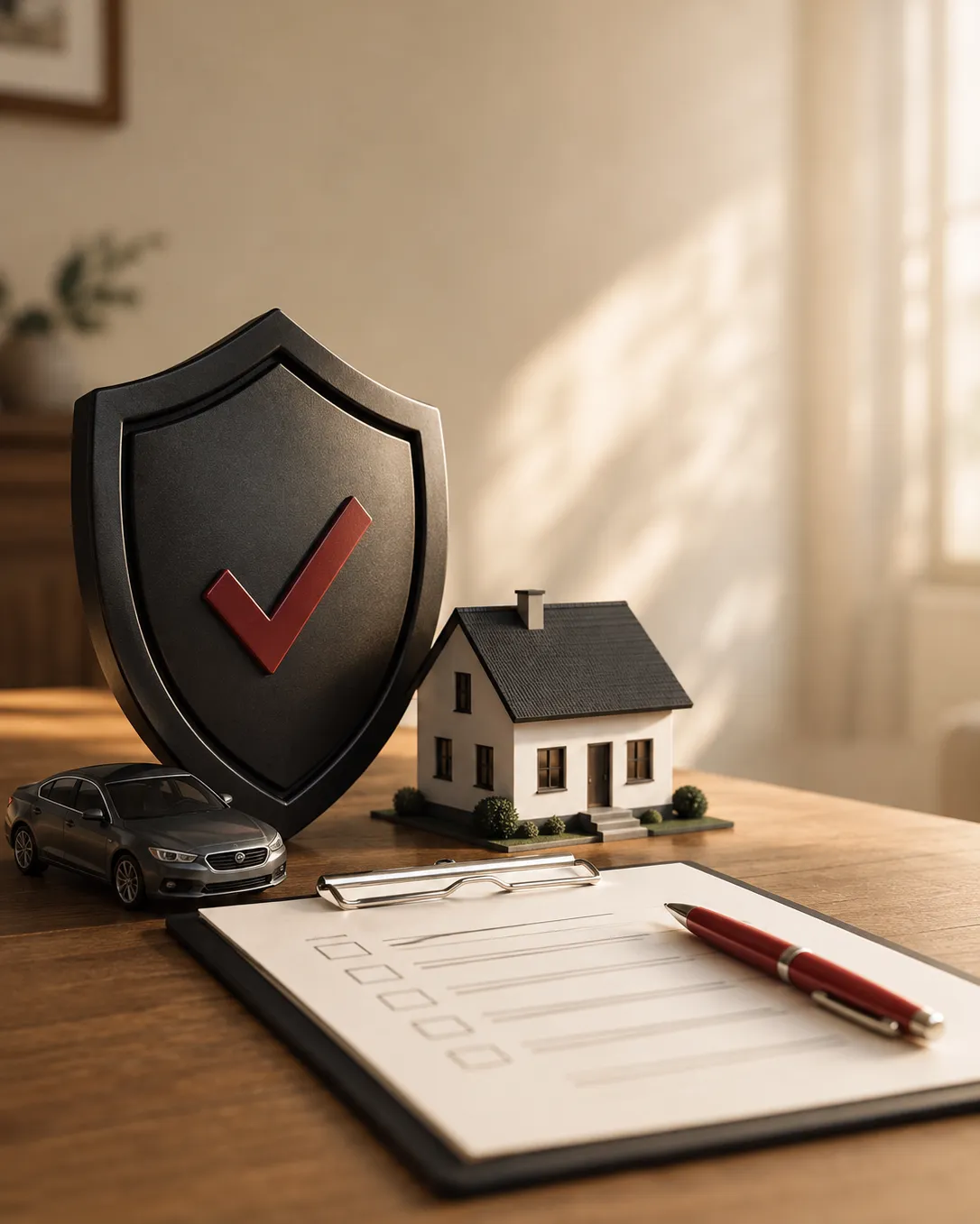 A shield with a check mark beside a model house, a car and an insurance checklist on a desk in warm daylight