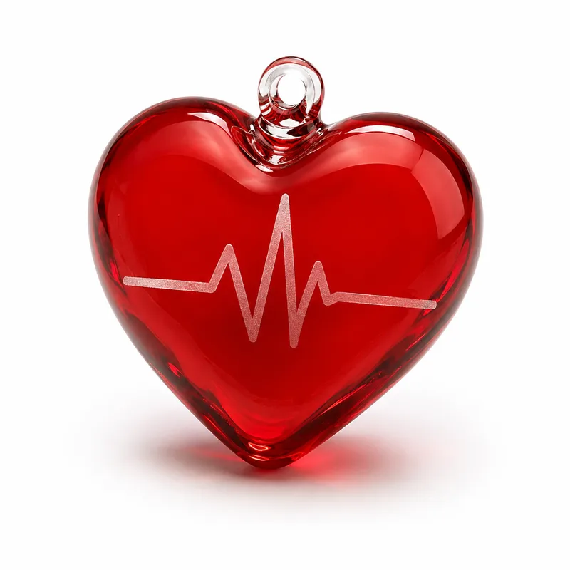 A red glass heart with a heartbeat line